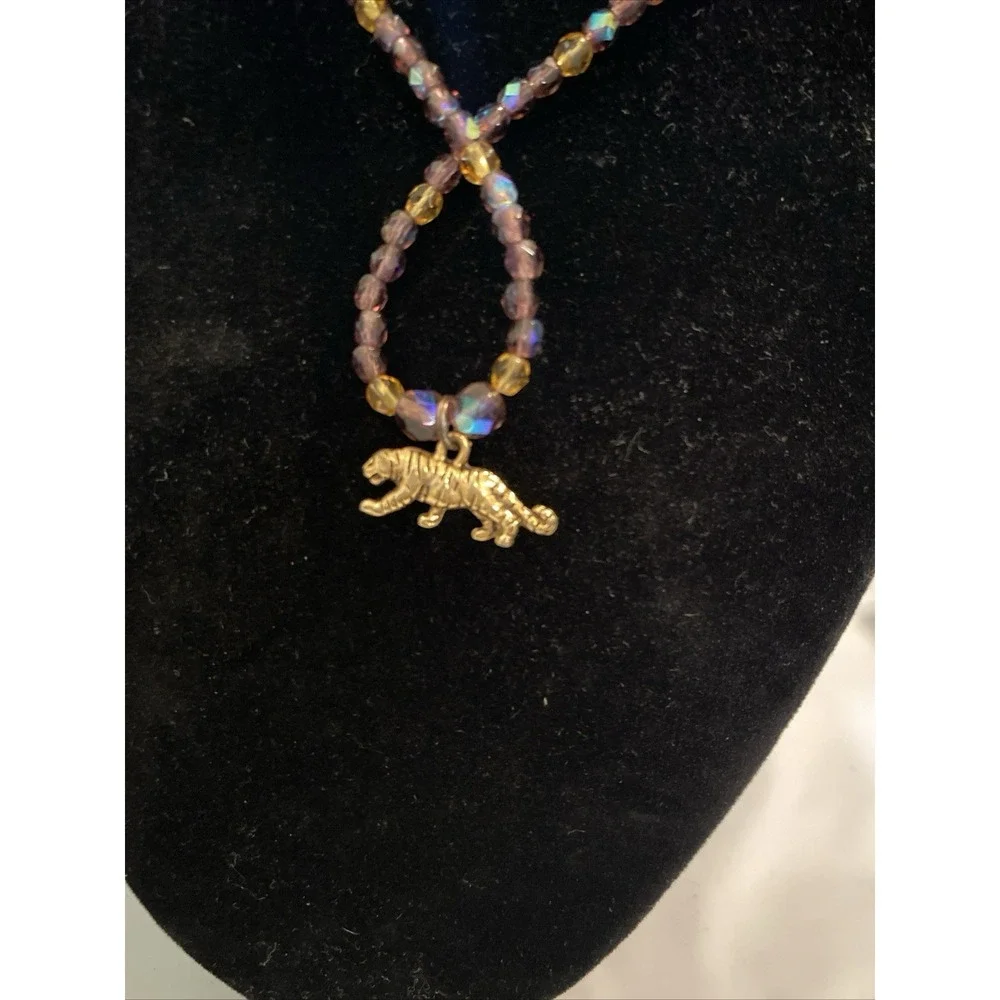 Gold tone Purple Lavender beaded necklace earring set 24